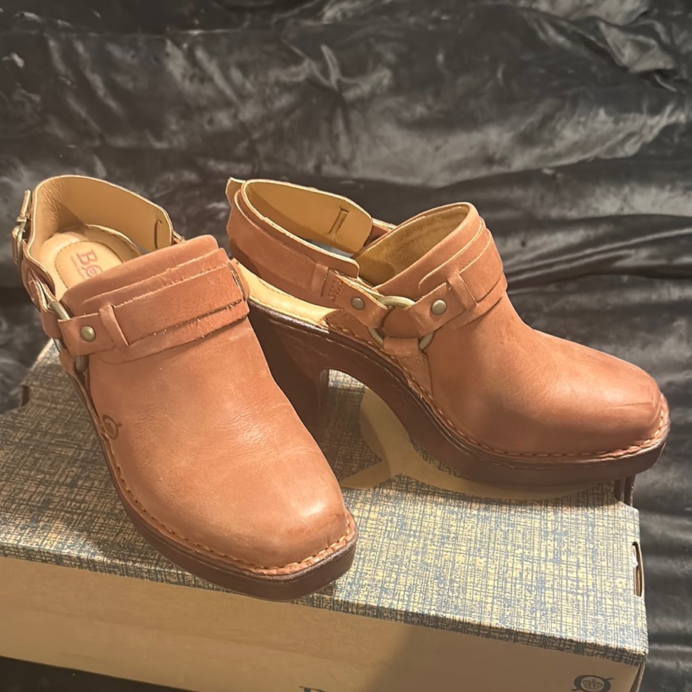 Born Brown Leather Clogs with Wooden Heel